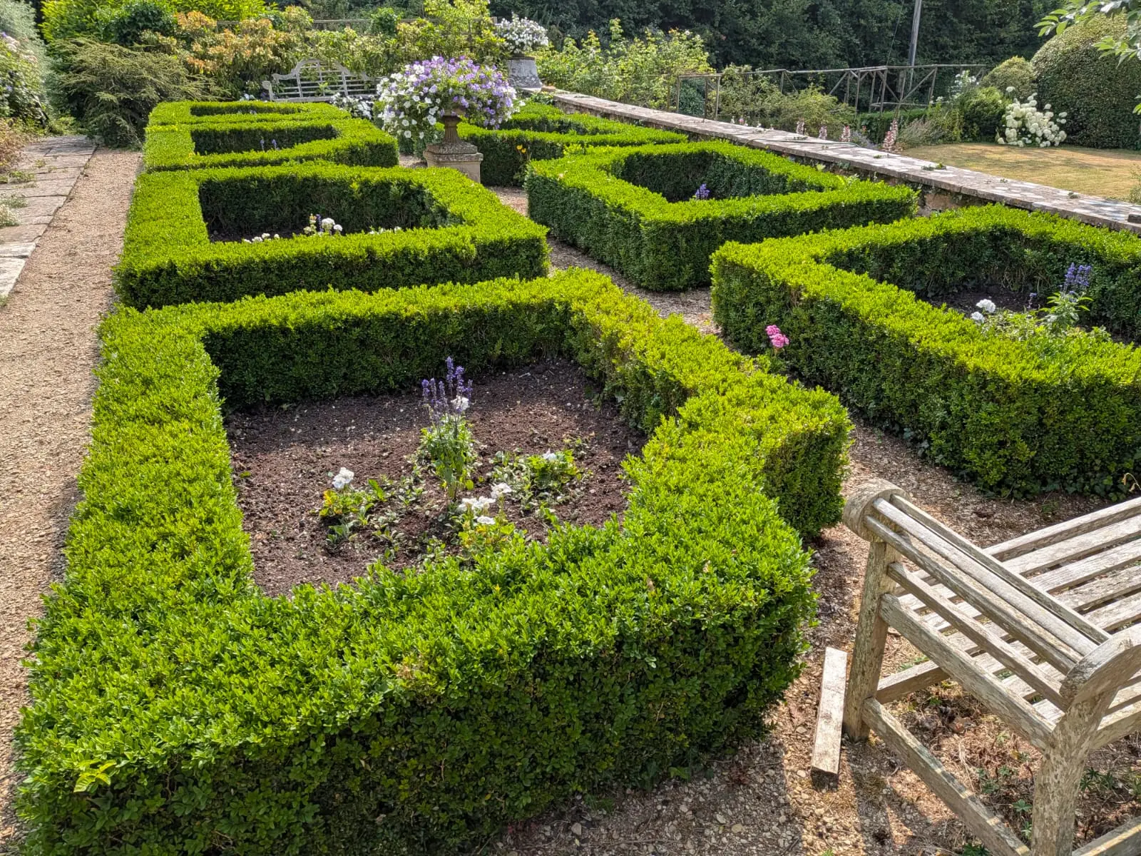 Formal clipped box parterre with planted beds running along a stone terrace wall